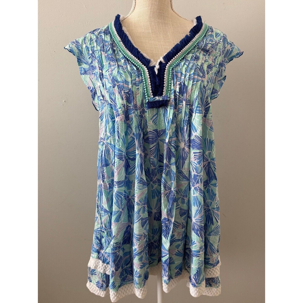 Poupette St Barth Sasha Mini Dress Blue Floral Fringe Trim Flutter Sleeve Sz S